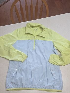 ADIDAS Light Blue and Lime Half-Zip Windbreaker Pullover. Womens Large. Spring.